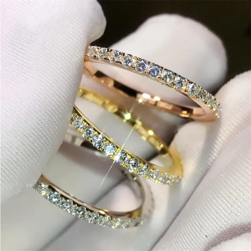 Simple Fashion Sweet Cute Fashion Jewelry 925 Sterling Silver&Rose Gold Fill Pave White Sapphire CZ Diamond Women Wedding Band Ring Gift