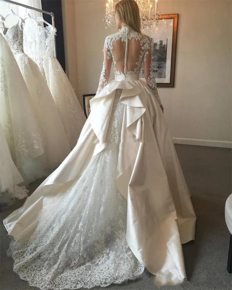 Hochgeschlossenes, langärmliges Überrock-Brautkleid 2019 Robe de Mariee,  transparentes Hochzeitskleid aus Satin mit Perlenspitze und abnehmbarer