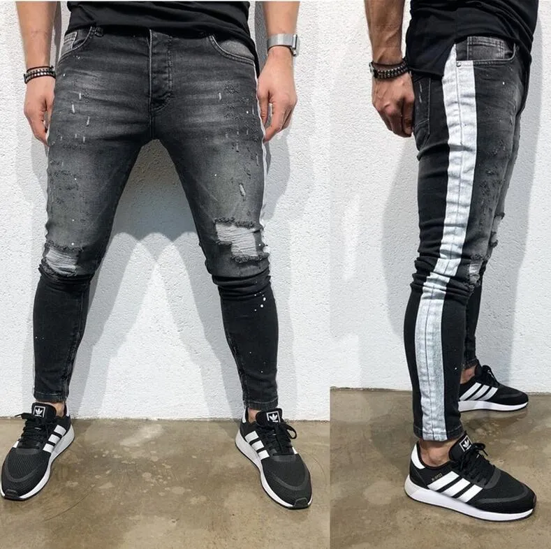 Mens Rasgado Side Stripe Jeans Skinny Designer de Moda Hi-Street Afligido Denim Basculadores Joelho Buracos Lavado Destruído Slim Fit Calças NK50