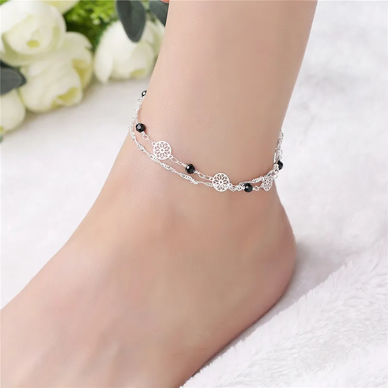 New Boho 925 Silver Anklets for Women Girl Bohemian Chain Beads Anklet Beach Bracelet DIY Foot Jewelry Party Gift 3B159