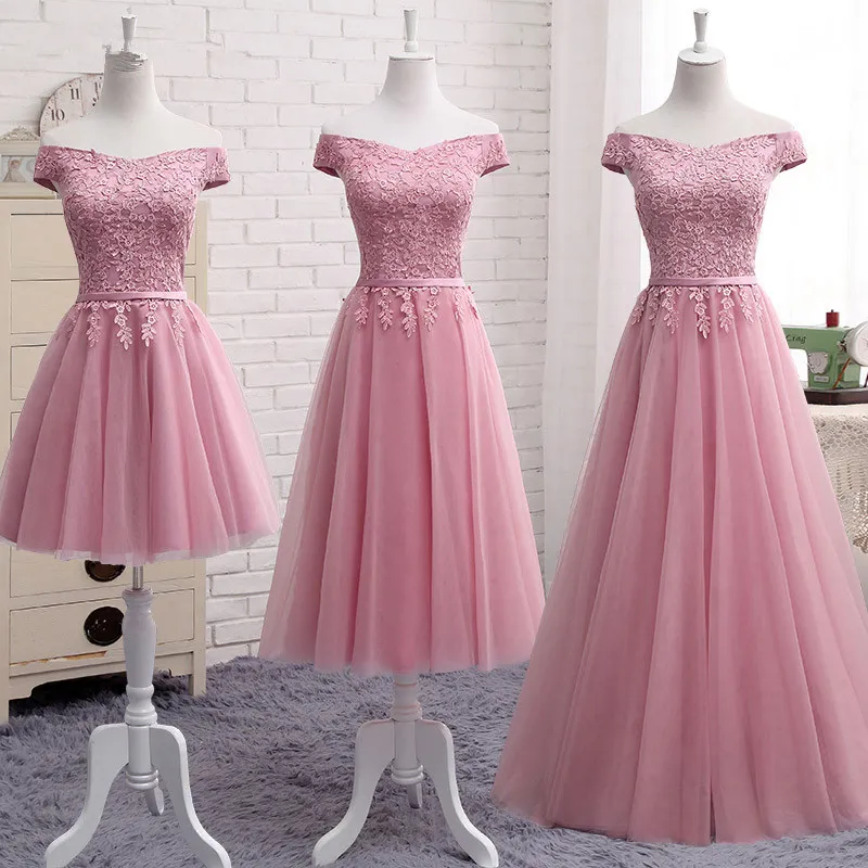 Off ombro rosa lace up dama de honra vestidos nova primavera verão 2019  curto longo estilo festa vestido de baile