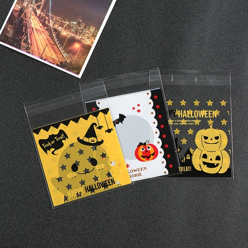 100 stks / partij Halloween Candy Plastic Tas Zelfklevende Cookie Bag Bake Cookie Biscuit Plastic Bag Pompoen Print Food Pakket Tassen DBC VT0569