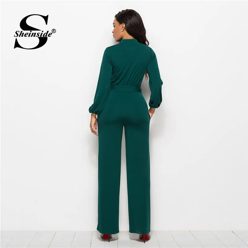 Rompers Sheinside Green Tie midjeskjorta Detalj Jumpsuit Elegant raka ben Jumpsuits for Women 2019 Hög midja långärmad jumpsuit