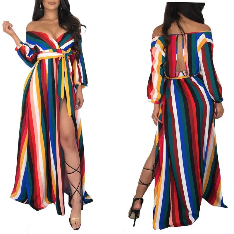 Koreansk klänning kläder Boho klänningar Chic Beach Wear Womens Long Maxi Bohemian Style Bodycon Färg Stripe Tryckt Sexig Solid