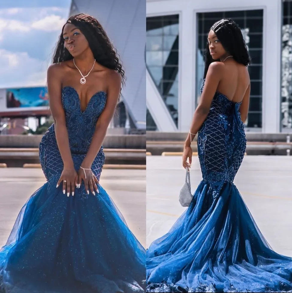 Royal Blue Beaded Mermaid Prom Dresses Appliqued Sweetheart Neck Sequined Evening Gowns Sweep Train Plus Size Formell Dress