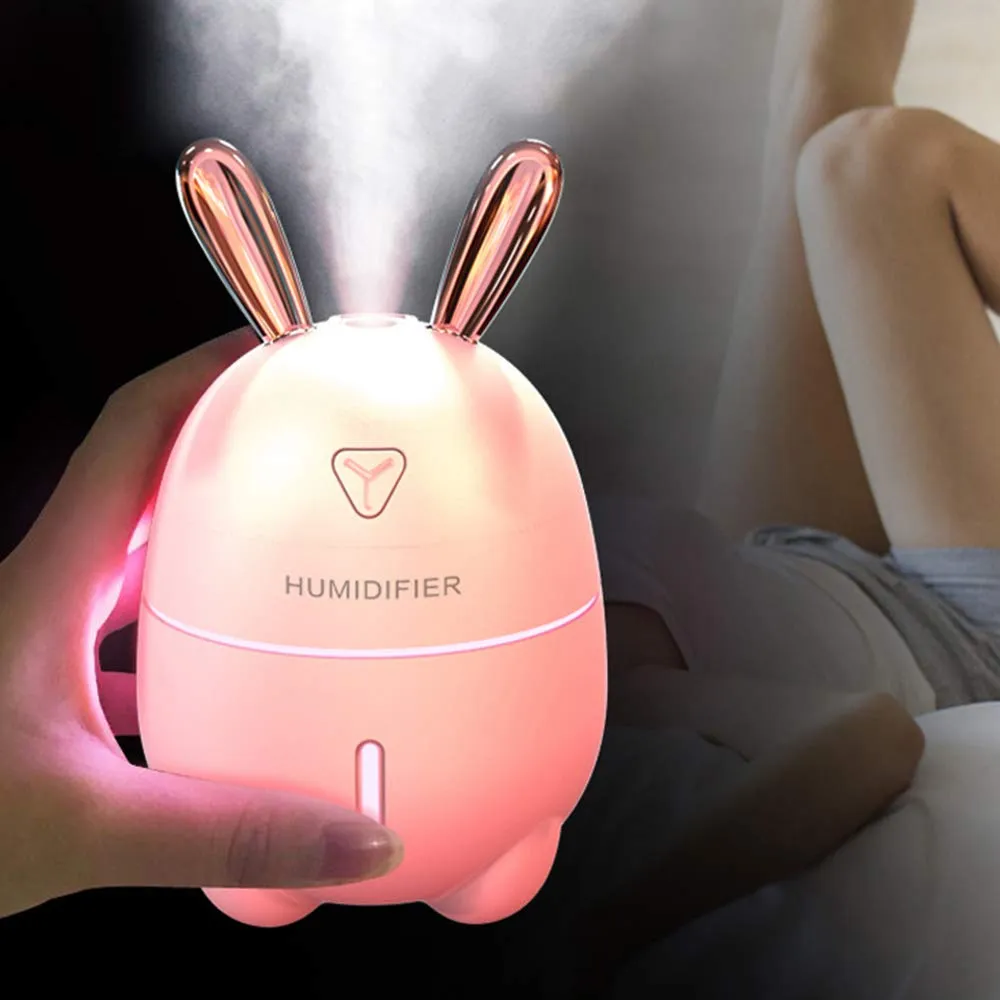 BRELONG USB portable mini mute humidifier night light 7 color luminous atmosphere lamp spray cute rabbit for bedroom, office, car