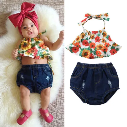 Summer Sunflower Halter Tops And Denim Shorts Set For Girls Sleeveless