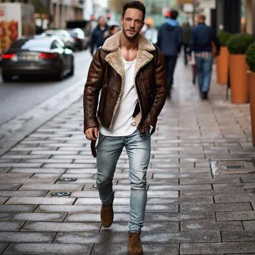 Mens Leather Jacket Motorcycle PU Business Casual Thick Warm Fur Collar Winter Faux Biker Coats Windproof Brown