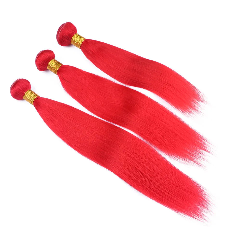 Ren röd jungfrubrasilianskt mänskligt hår buntar Silky rak hår vävning 3st LOT Färgade röda Virgin Mänskliga hårvävlingar 10-30 "