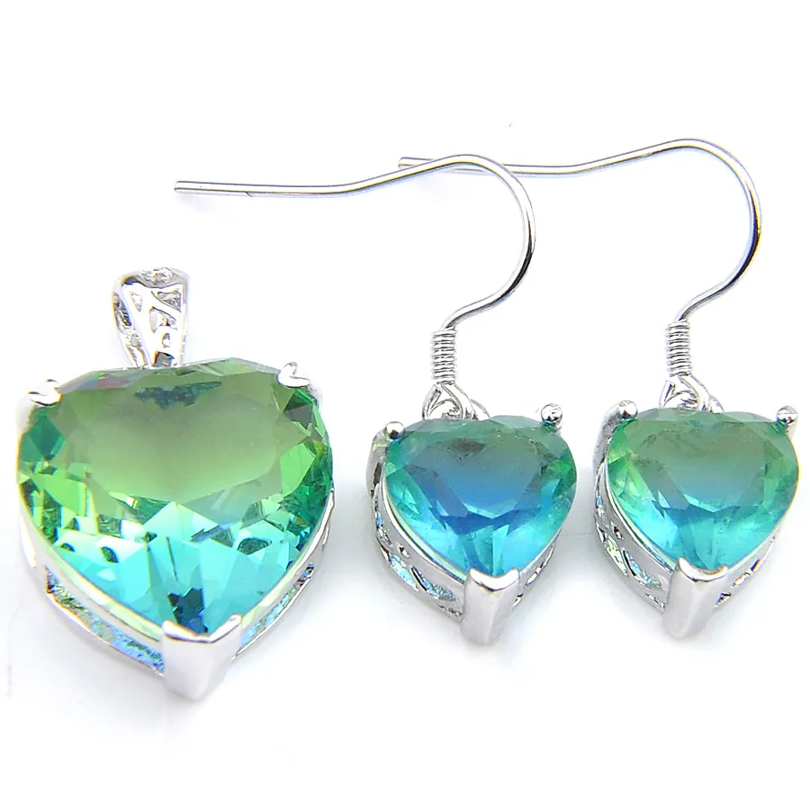 Women 2 Pcs Set Heart Cut Bi colored Tourmaline Gems 925 Sterling Silver Plated Crystal Zircon Solid Bride Dangle Earring Pendants Jewelry