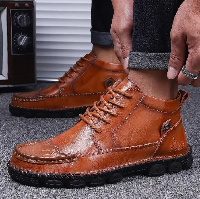 Chaussures en cuir décontractées pour hommes, bottes plates confortables à la mode, chaussures de luxe à lacets, baskets de randonnée, hiver et automne