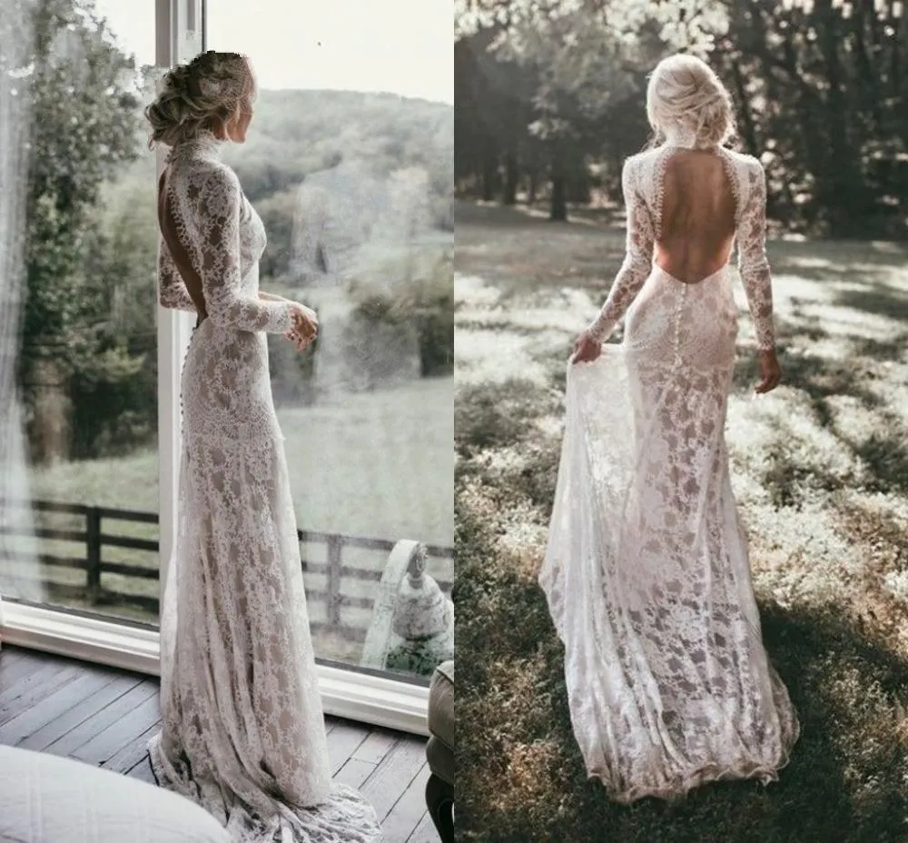 Платье Boho Длинные рукава Vintage Lace Wedding 2020 High Neck Открыть Назад Chic Бич Bohemian Свадебные платья Платье-де-Novia Sirena