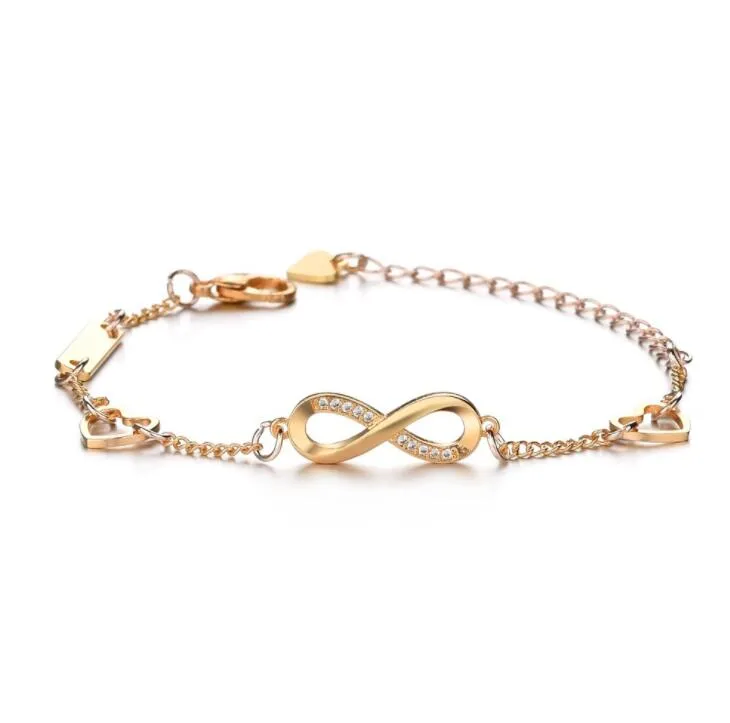 Partihandel-925 Silver Diamonds Infinity Armband med hjärta Charm Länkkedja Silver / Guld för Kvinnor Fint smycken Presentjusterbart armband