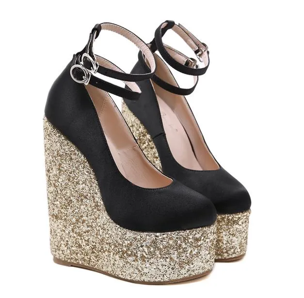 16CM Black Gold Sequined Super High Heel Platform Wedge Luxury Designer Shoes Come With Box