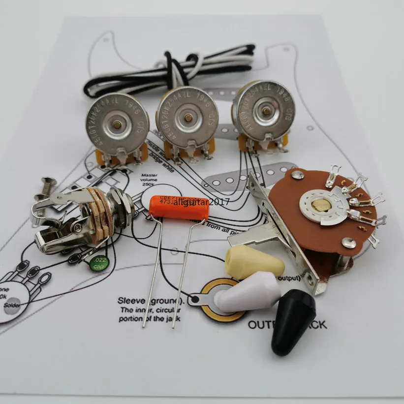 Potentiomètre de condensateur de guitare CTS 250K, Kit de câblage d'arbre en cuivre pour Stra CDE 716P .022 400V, capuchon Orange + dessin de ligne de soudage
