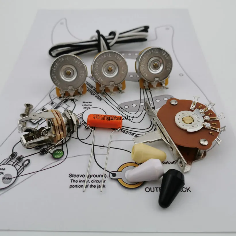 Potenziometro condensatore per chitarra CTS 250K Kit cablaggio albero in rame per-Stra CDE 716P .022 400V Tappo a goccia arancione + disegno linea di saldatura