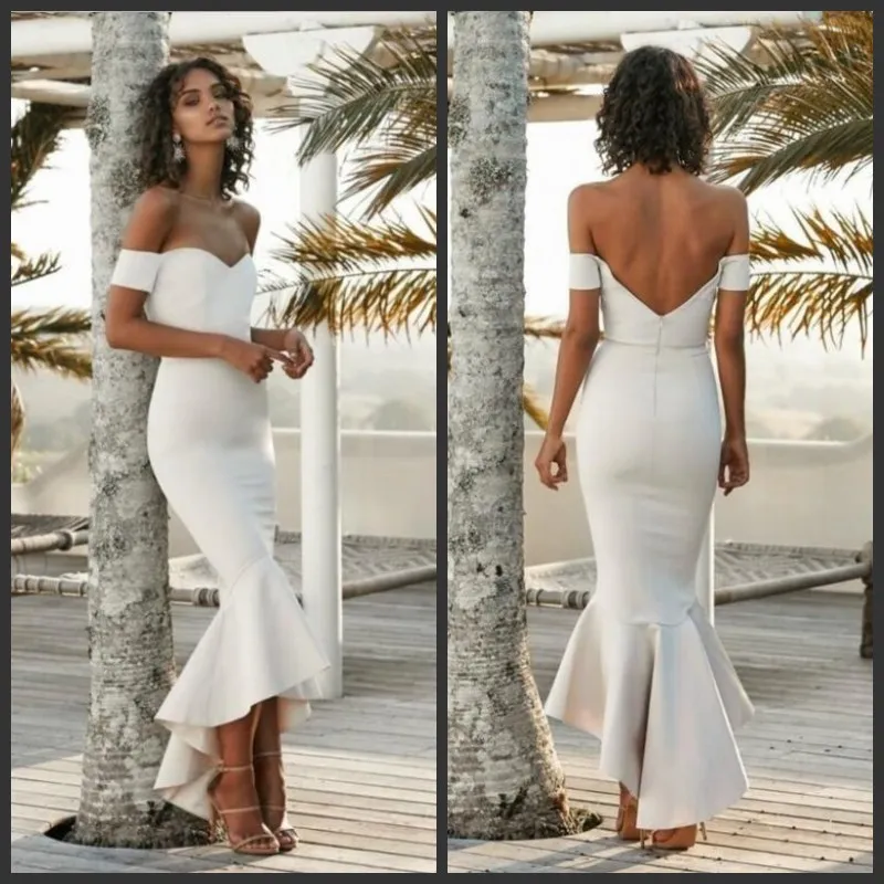 Wit Charming Mermaid Prom Dresses Sweetheart Korte Mouwen Sexy Backless Bruidsjurken Hoge Low Rufflus Formale Avondjurken