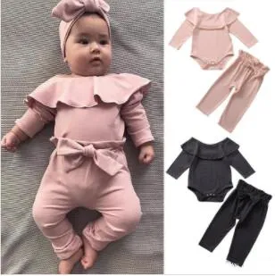 Ensemble de vêtements pour bébé fille, barboteuse à volants, pantalon à nœud, tenue pour nouveau-né, manches longues, couleur unie, vêtements d'automne pour bébé, 3 couleurs, ZYQ 43