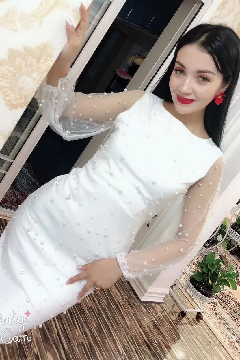 Women's European Design Gauze Patchwork Long Sleeve Beaded Slim Waist  Pencil Knee-Length Dress Plus Size SML from Dhgate Urban Sexy Dresses -  price 37.08