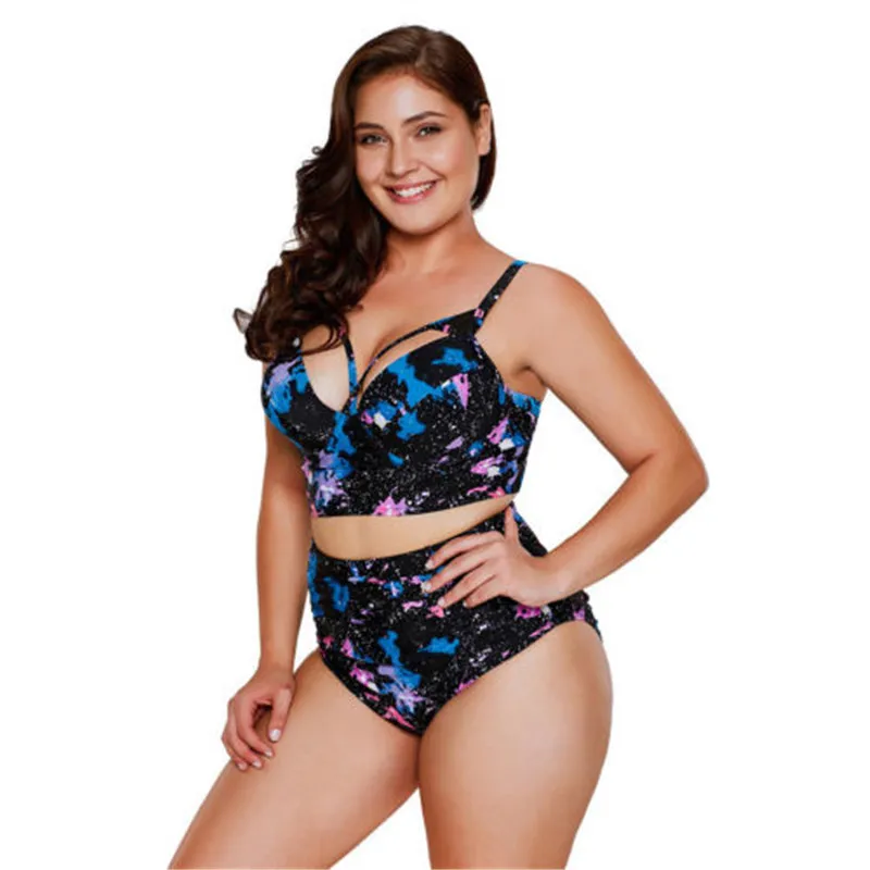 Plus Size Sexy Space Galaxy High Waist Tankini Set Swimsuit Print