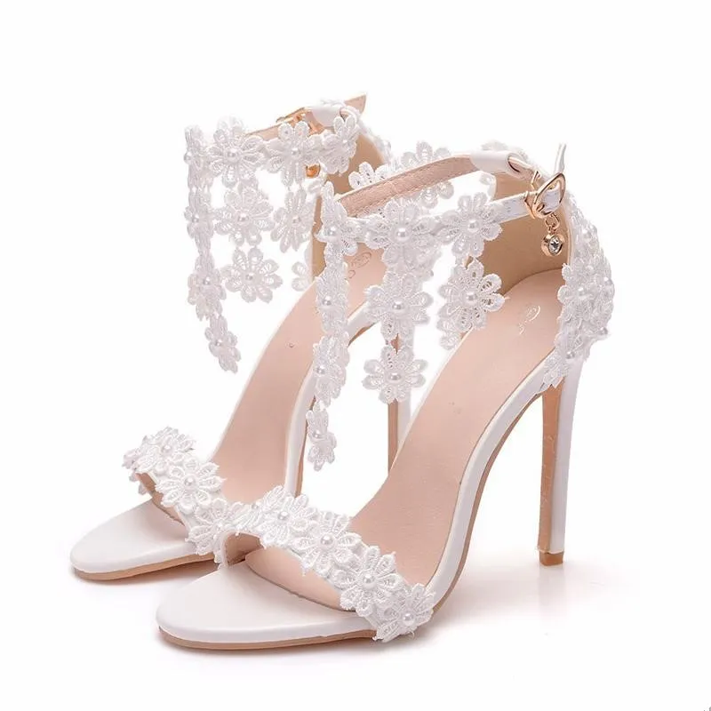 Handmade Lace Flower Wedding Shoes Open Toe Ankle Straps Summer Sandals Thin Heel White Color 4 Inches Bridesmaid Shoes