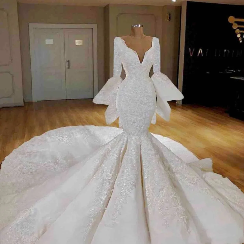 Gorgeous Mermaid Wedding Dresses Deep V Neck Appliques Lace And Satin Wedding Dress vestidos de novia Custom Made Plus Size Bridal Gowns