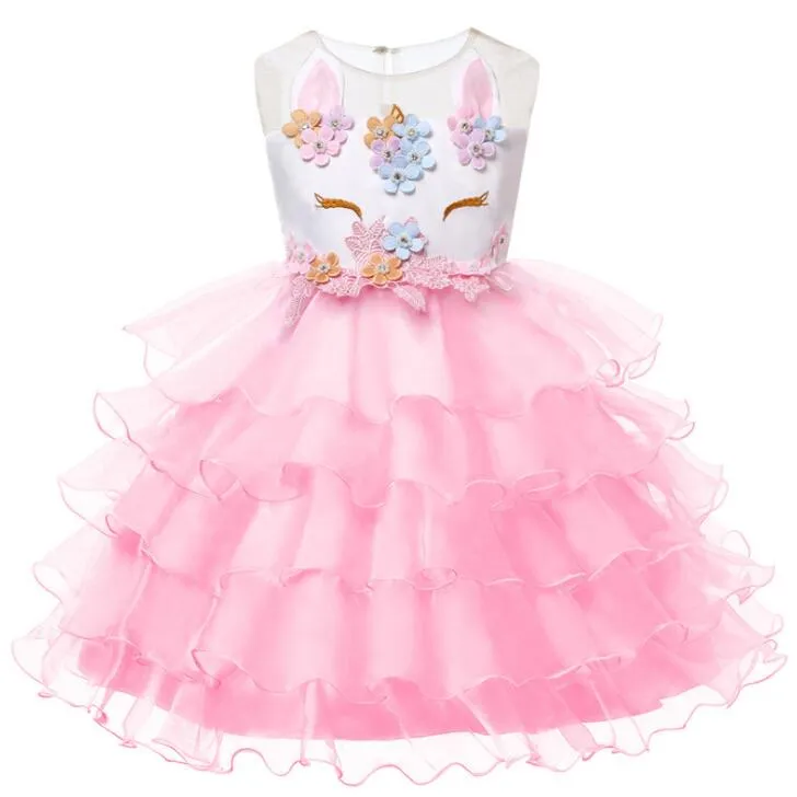 kids designer clothes girls Sleeveless Unicorn Ruffle Beading Floral Mesh Lace Tulle Tutu Dresses Princess Cosplay Flower Party Dress BY0798