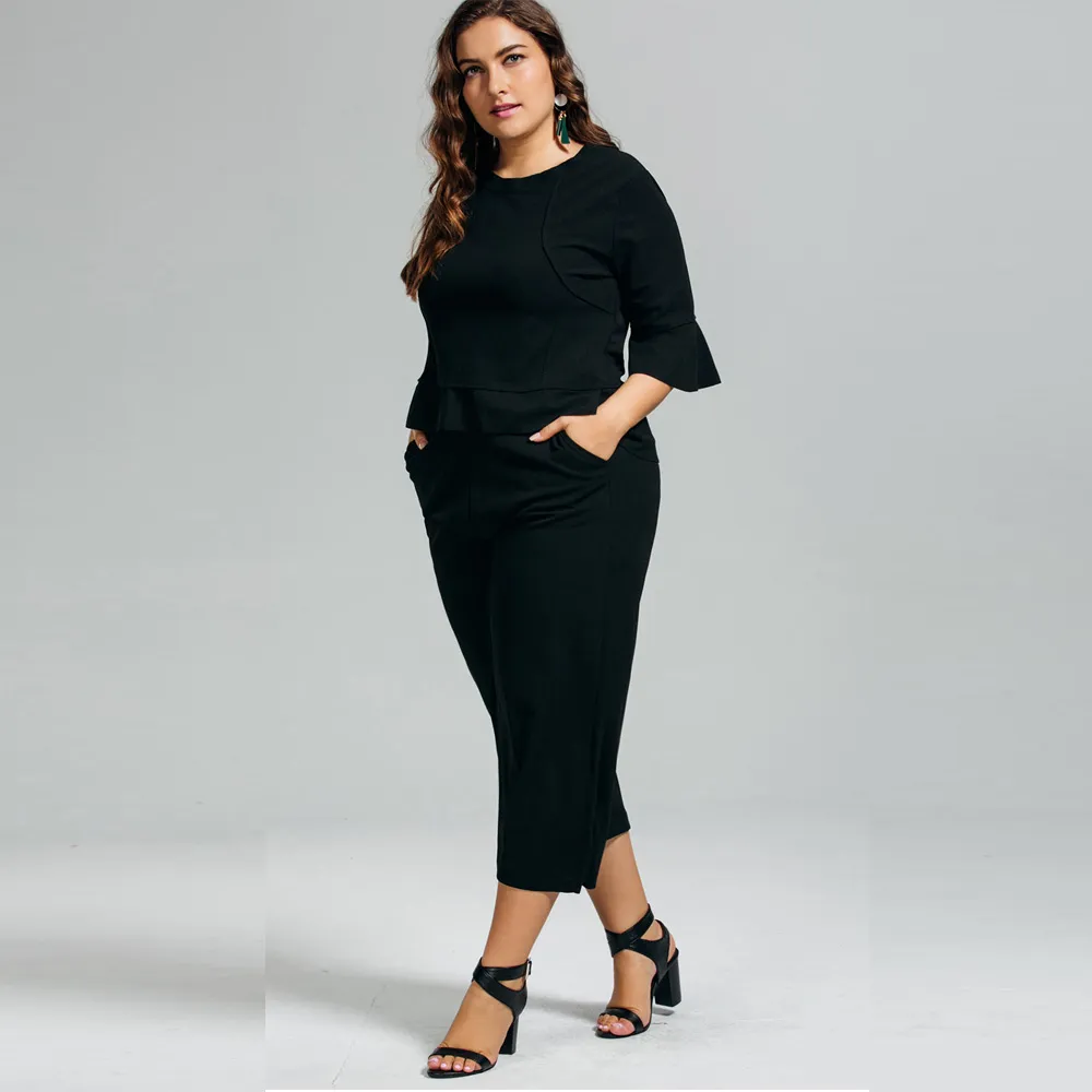 Women s Plus Size 4XL Solid Black Loose Casual 2 Piece Set with Ruffles shirt and Wide Leg Capri Pants