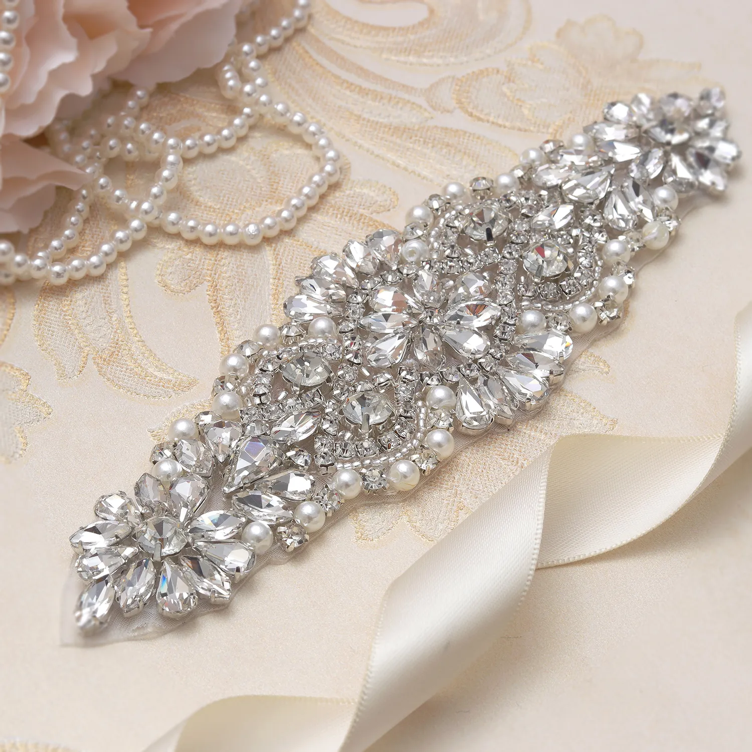 Silver Rhinestone Wedding Sash Belt, Bridal Crystal Sash 