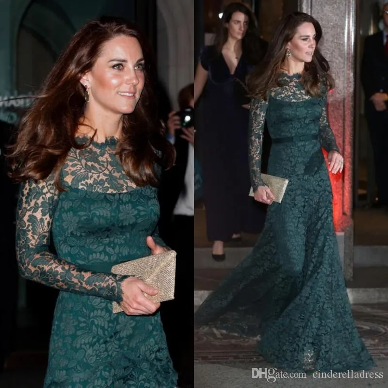 Dark Green Kate Middleton Full Lace Mother of the Bride Dresses Long Sleeves Sheer Bateau Neck Floor Length Formal Dress Evening Gowns