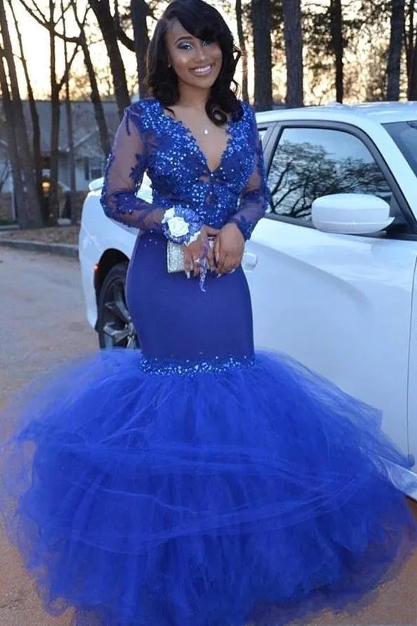 Sheer Gold Lace Cobalt Blue Spandex Slit Prom Dress - Promfy