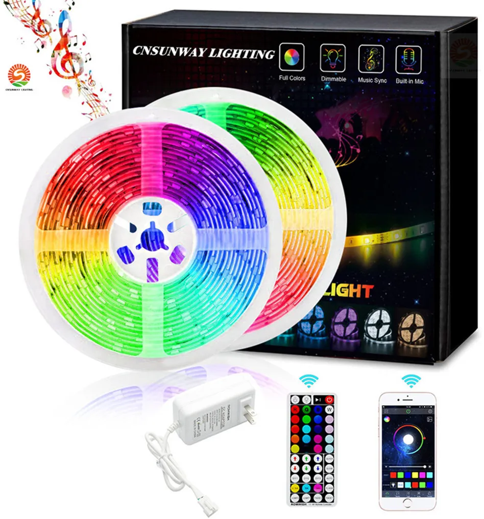 SMD 5050 30LEDs 60LEDs 5M 300LEDs LED Waterproof RGB tiras com 44 chave Remote Control + Bluetooth APP + 12V 5A alimentação