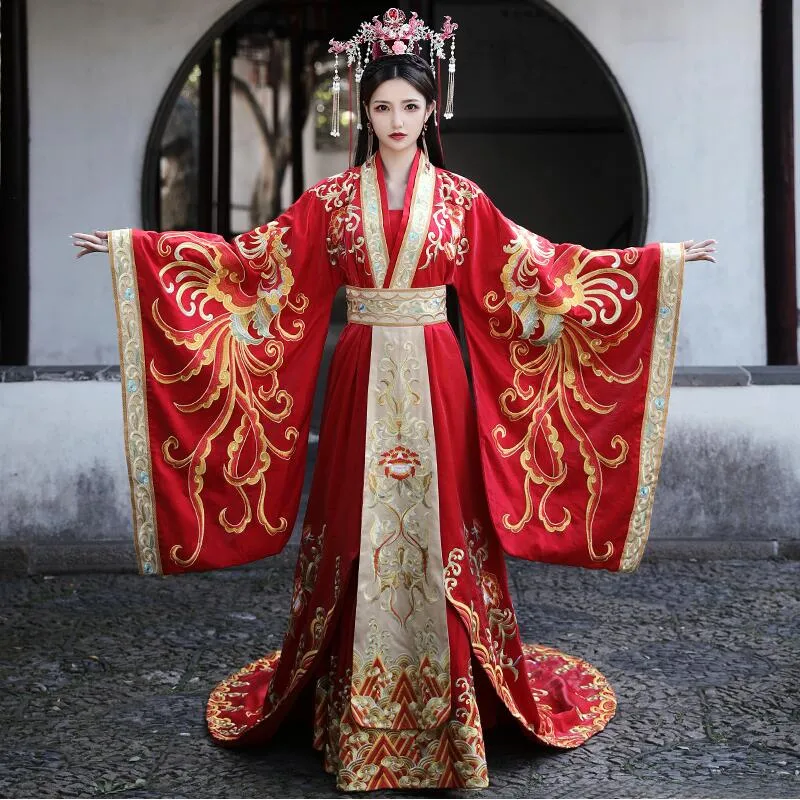 Peri Tang Suit Hanfu Sahne aşınma Çin Antik Kadınlar Elbise Çiçek Vintage Kraliçe Prenses düğün Elbise TV Filmi Performans Kostüm kırmızı