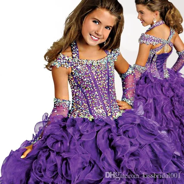 Purple Girl's Glitz Pageant Dresses Ball Gown Organza Flower Girl Dresses Hand Made Flowers Beads Crystals Tiers Tobarn Page241i