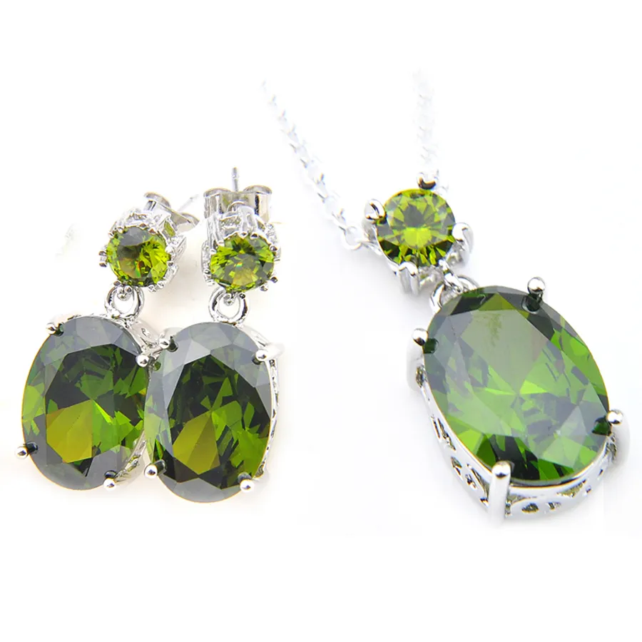 Wholesale 2 Pieces 1 Set Oval Peridot Gemstone LuckyShine Silver Unique Gorgeous Woman's Pendants Stud Charm Earrings Free Shippings