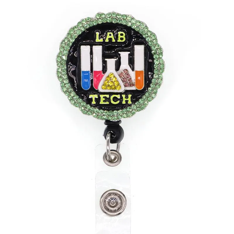 Bling Rhinestone Químico Nome Tag retrátil Emblema Reel laboratório pesado ID Card Key emblema Dever de metal retrátil Reel Titular Tag Com clipe de cinto