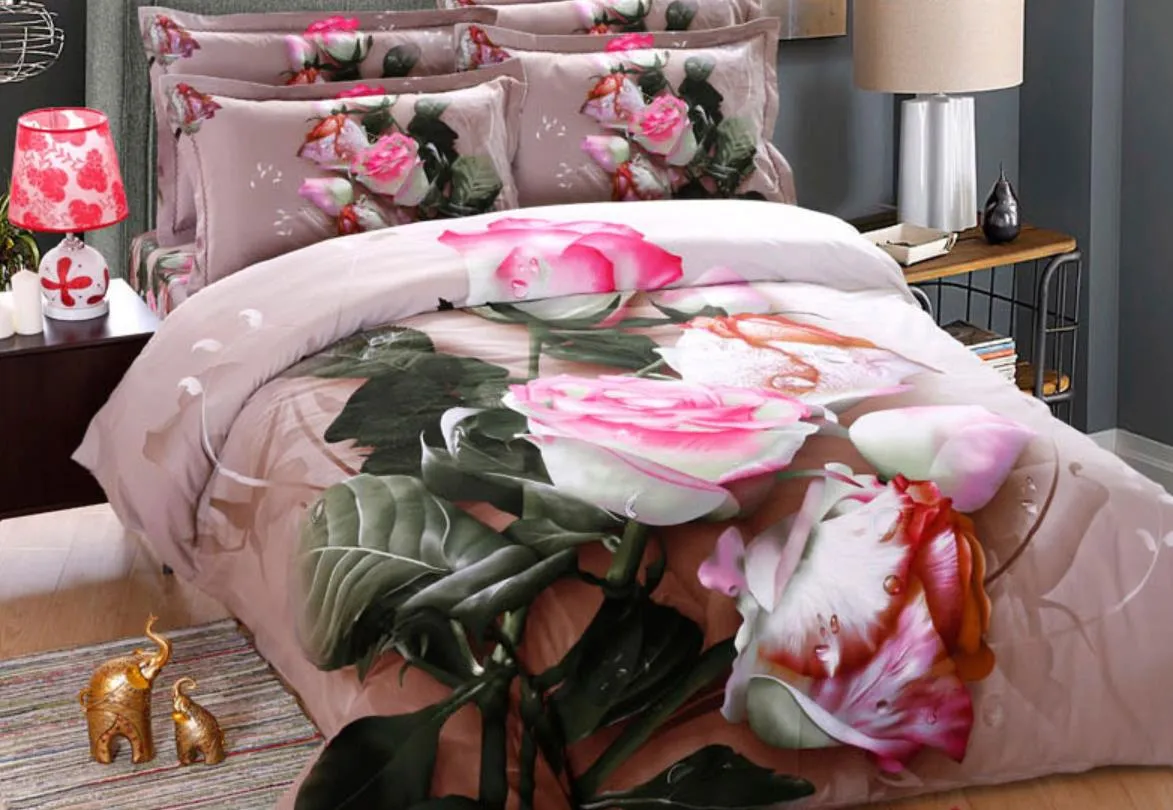 Zagęszczający szlifierka bawełniana 3d kwiat kwiatowy różowy dziewcząt Zestaw pościeli Print Oil Druk Rose Duvet Pokrywa Płaski blachy Poduszki / Queen King Size