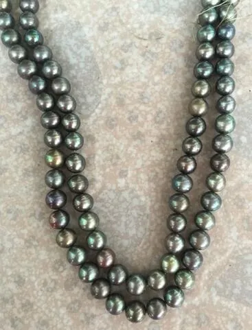 Awesome Free Shipping of 9-10mm black green pearl necklace 38 "14k