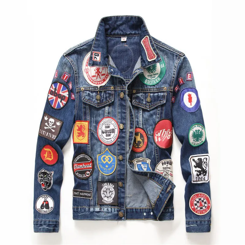 Aufkleber Männer Denim Jacke Mode Neue Design Lustige Muster Mit Patches Oberbekleidung Mantel Frühling Herbst Winter Skateboard Hip Hop Jacken