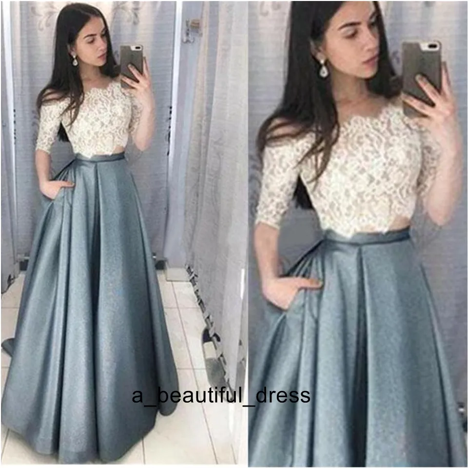 Sexig formell kvällsklänning Handgjorda eleganta två stycken Satin Prom Klänningar Klänningar Anpassad storlek Plus Storlek Lång med Half Sleeve Ed1127