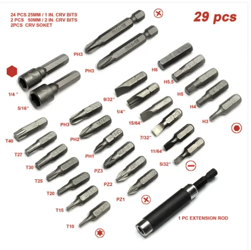 2022 Boîte à outils à chaud Homme 29pcs Multi HSS Visez le bit de tournevis réglé pour la main ou la puissance