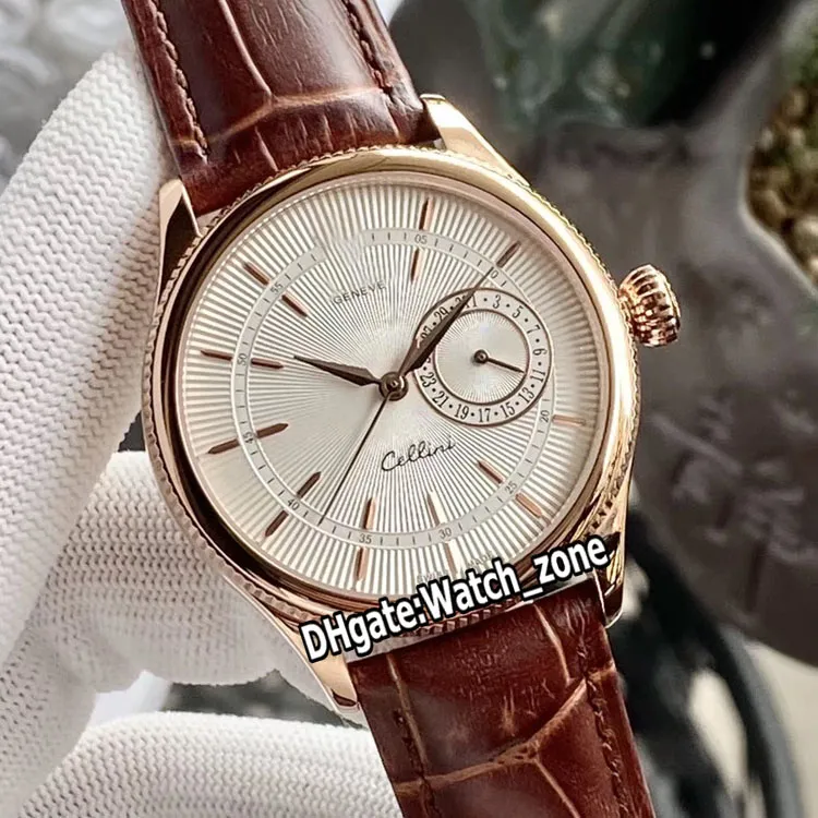 39mm Cellini Watches Rose Gold Case Date 39mm 50515 m50515-0008 m50519-0011 Automatic Silver Texture Dial Mens Watch Leather Strap Watch_Zone