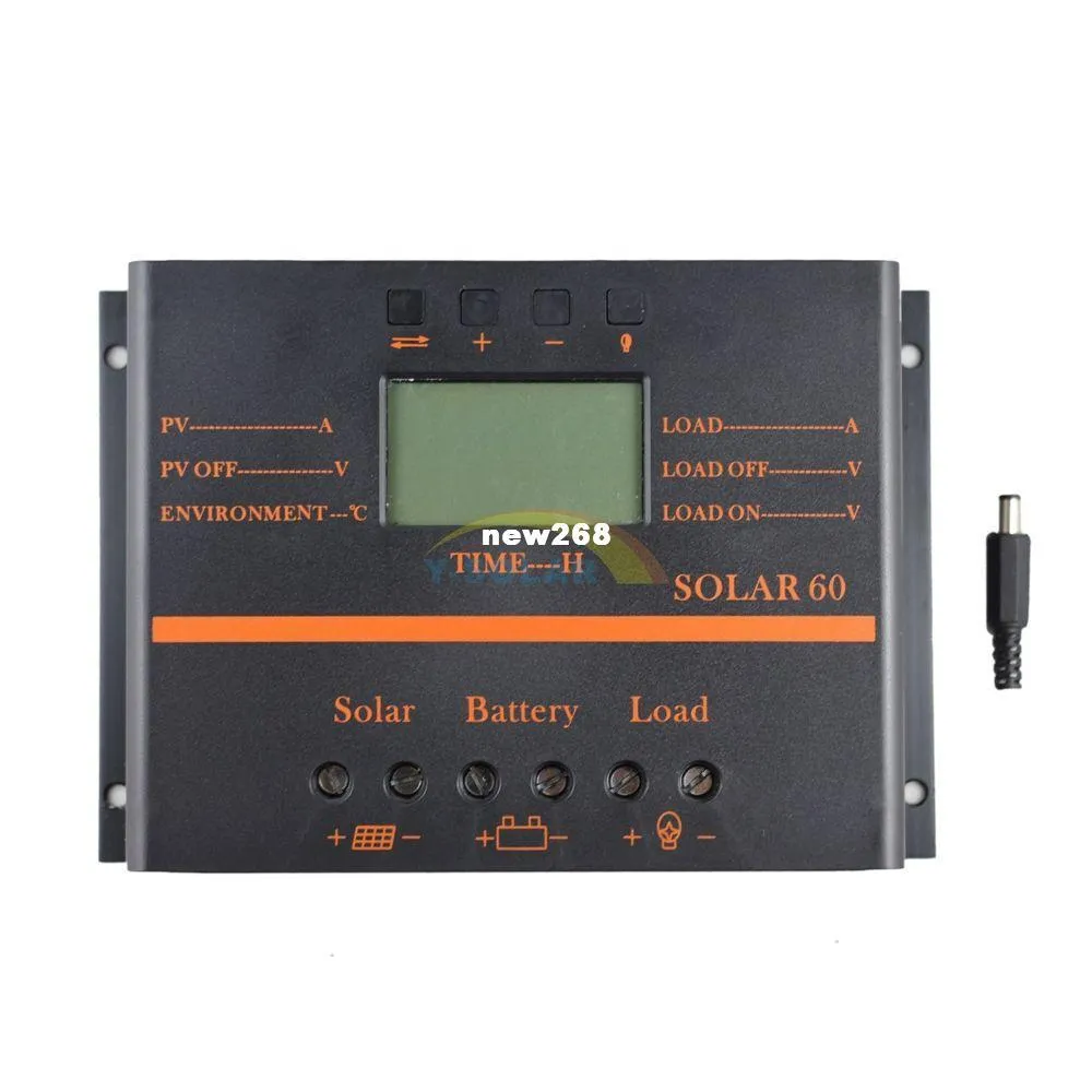 Freeshipping PWM 60A Controlador de carga solar 12V 24V LCD USB 5V Panel PV Controlador de carga de batería Sistema solar Regulador de uso doméstico 60 amperios