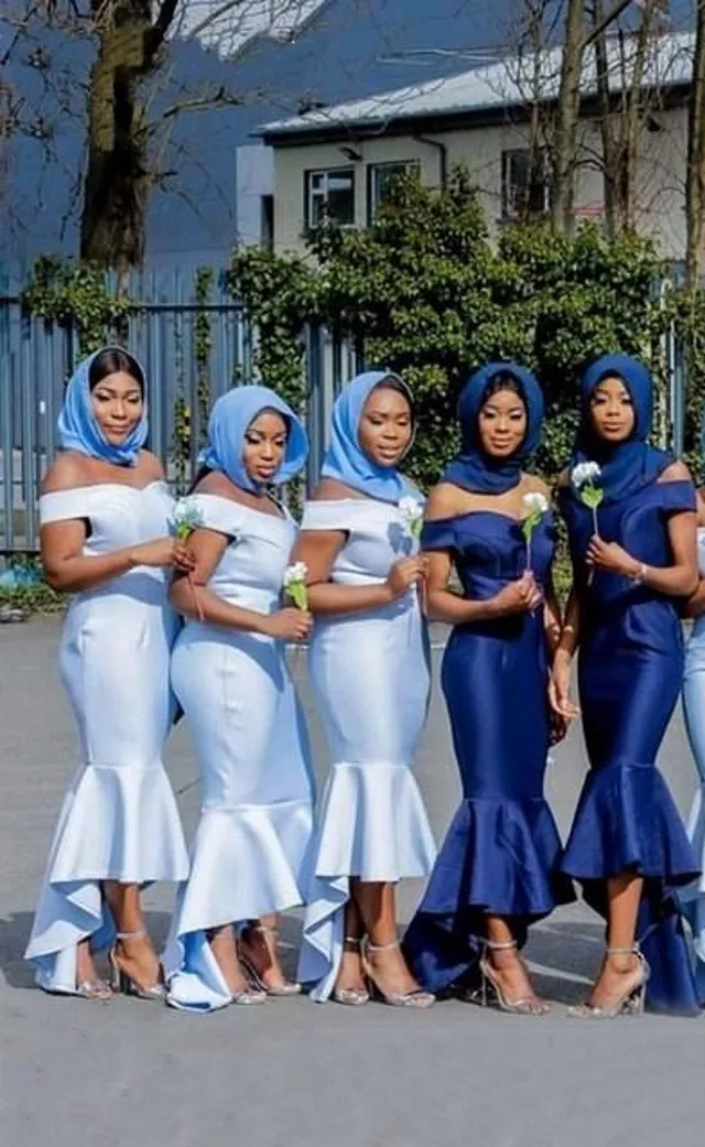 Élégante africaine haute basse sirène robes de demoiselle d'honneur sexy hors épaule bleu clair satin longue demoiselle d'honneur nouvelle robe de bal de mariage