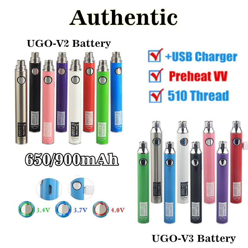 ORIGINAL EVOD 510 Thread Ego Variável Bateria Ugo V3 V I II Pré-aqueça VAC Vape Pen 650 900 Mah Micro USB Passathergharger