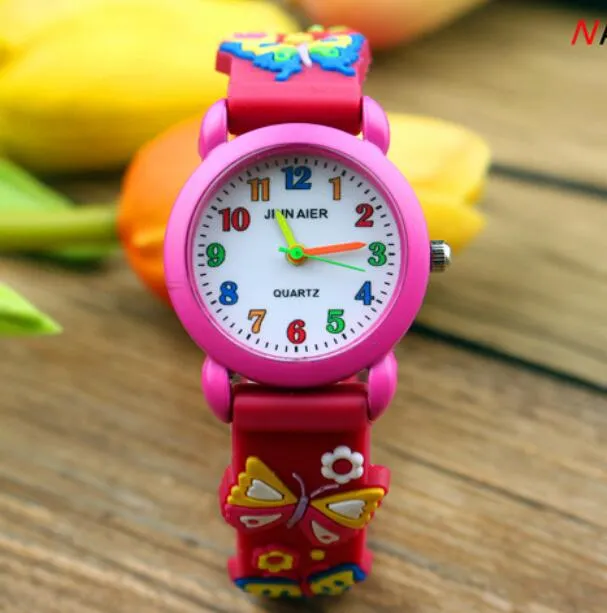 Newest 3D Cartoon Kid Watch Butterfly Flower Silicone Straps Numeral Candy Rubby Quartz Wristwatches Baby Girls Clock