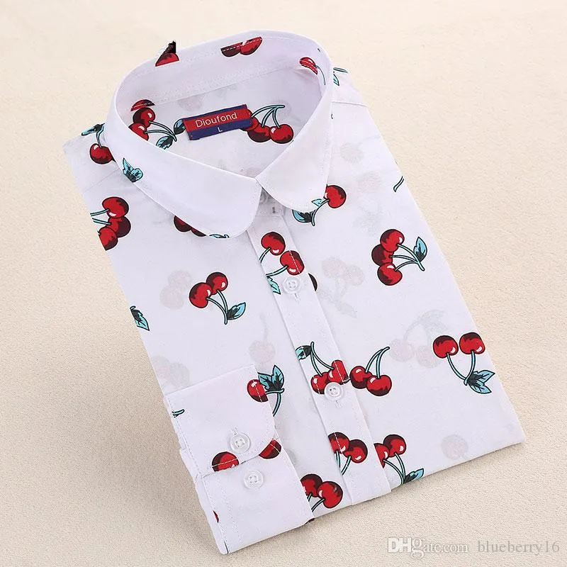 New Floral Long Sleeve Vintage Blouse Cherry Turn Down Collar Shirt Blusas Feminino Ladies Blouses Womens Tops Fashion