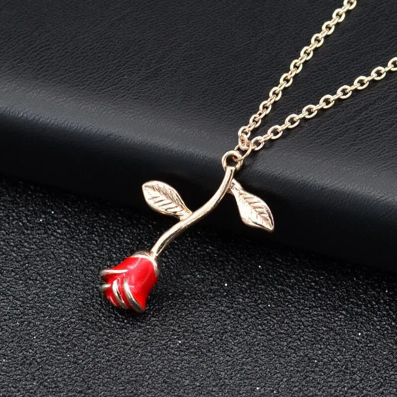 Wholesale-Trendy Rose Flower Pendant Necklaces for Women Girl Red Rose Flower Charm Statement Necklace Party Jewelry Valentine's Day Gift