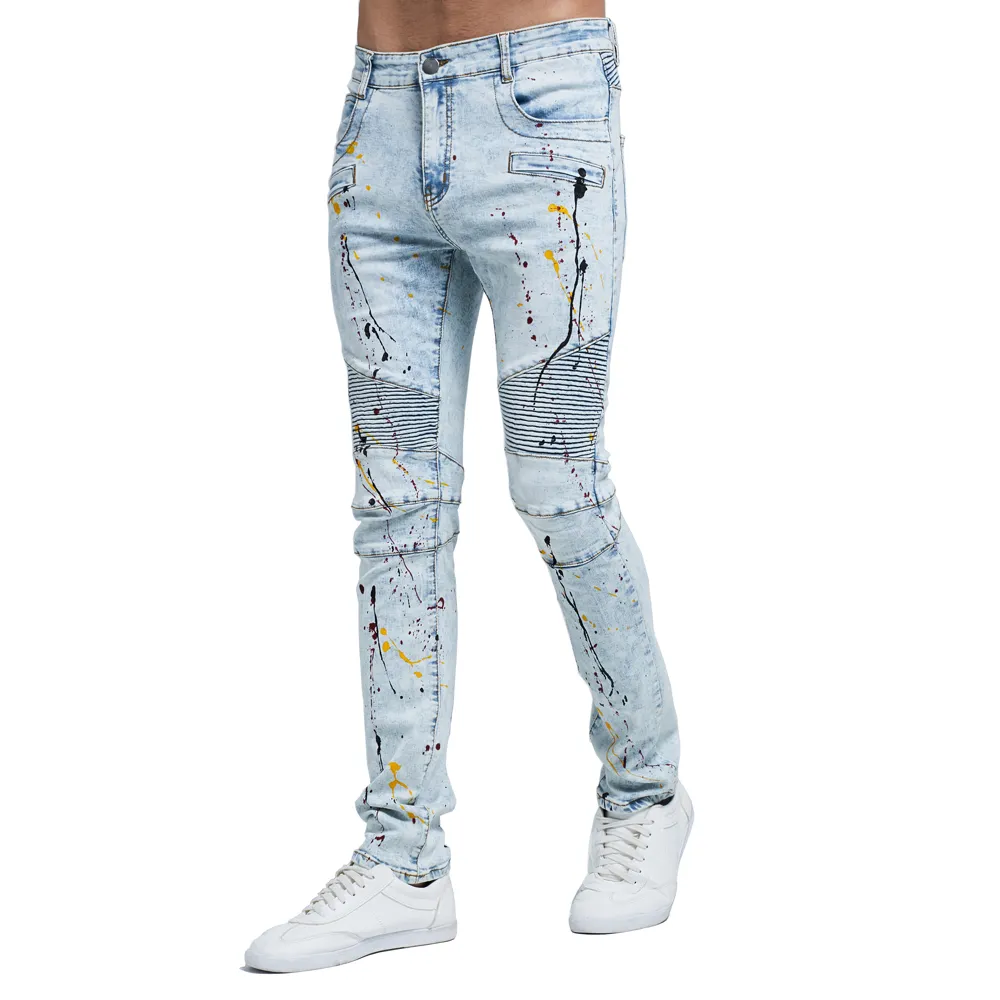 2017 Men Fashion Biker Jeans New Design Strech Light Blue Skinny Jeans H0114