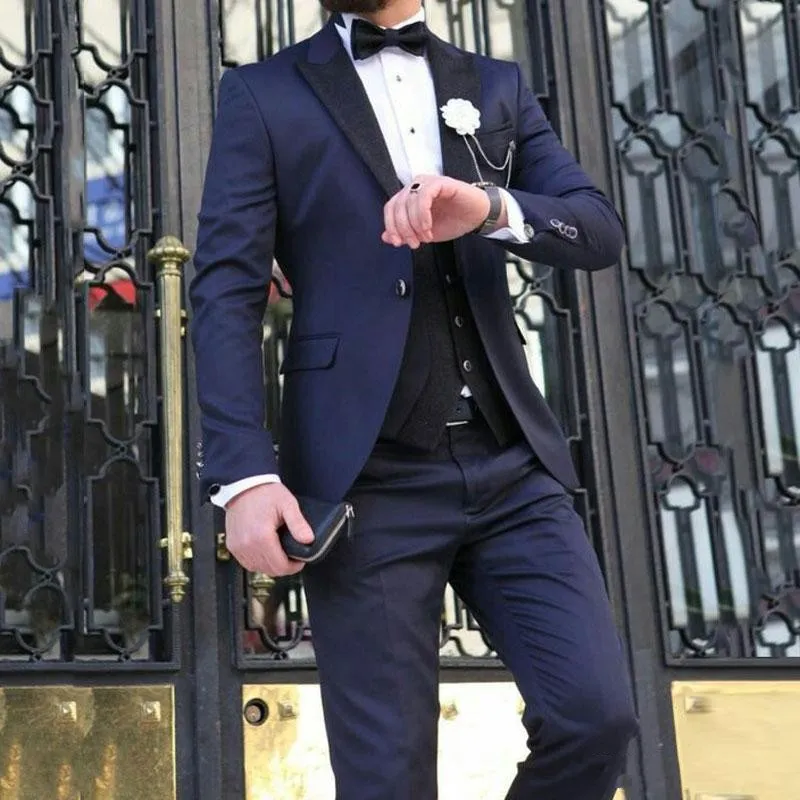 Peaked Lapel Navy Blue Blazer Black Trousers Slim Fit Groom